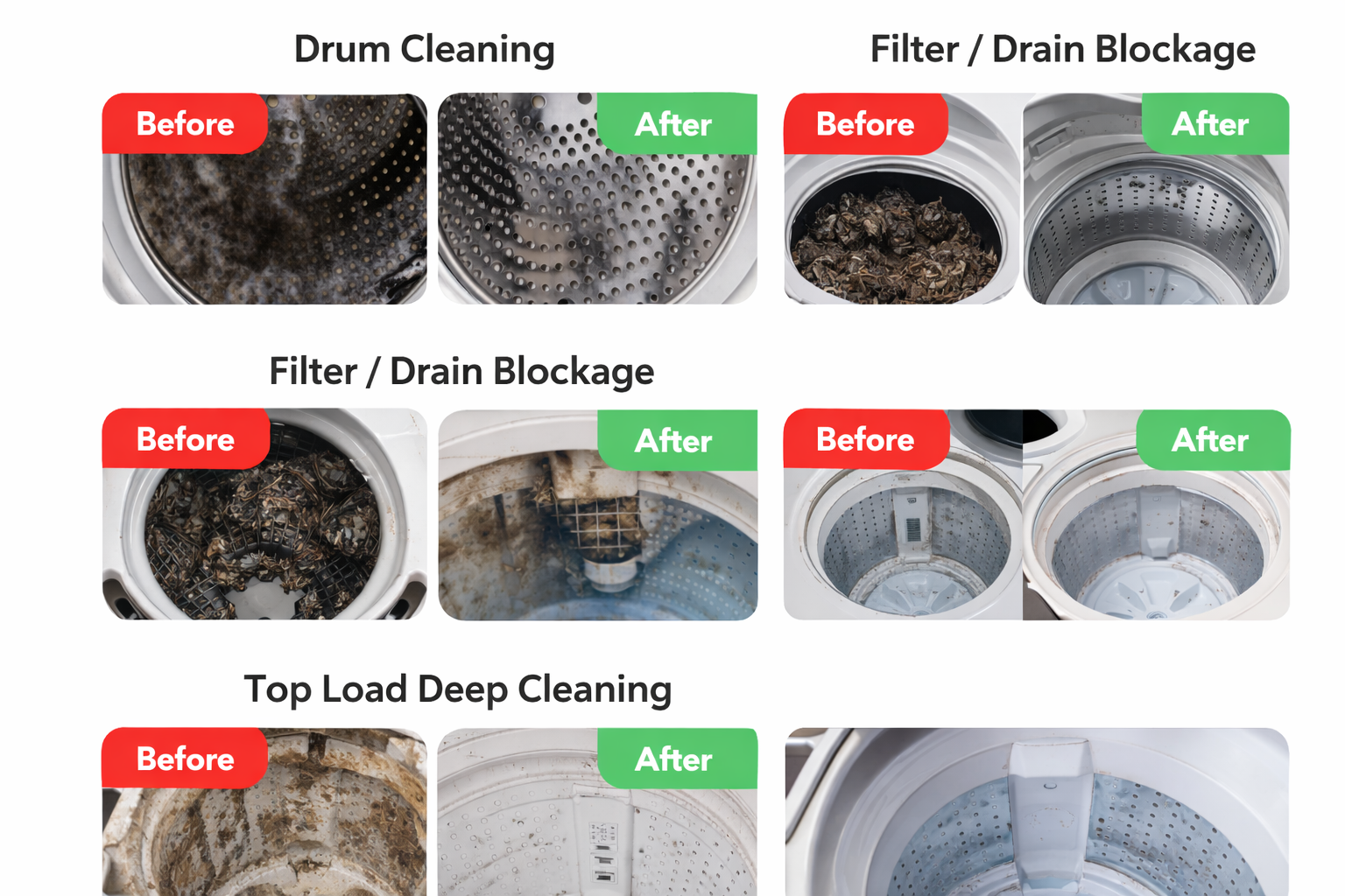 Before and after washing machine cleaning and repair service in Bangalore - drum cleaning, filter blockage removal and deep cleaning results